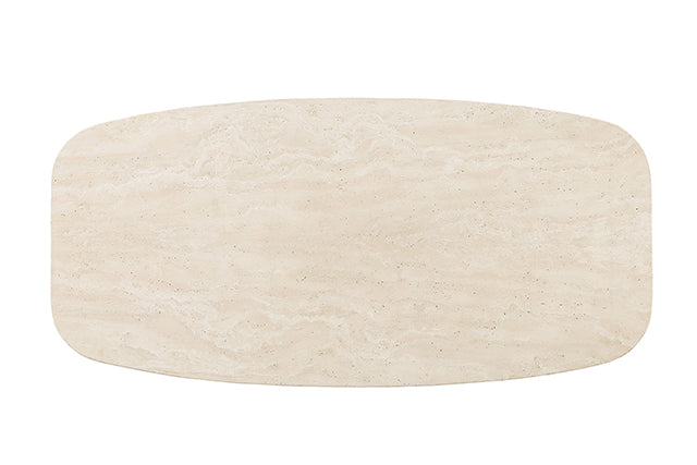 Overhead view of the Elodie Coffee Table's organically shaped travertine top, showing natural veining and bullnose edge.