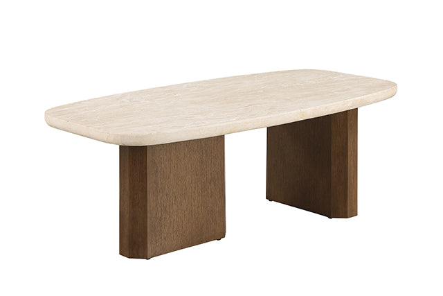 The Elodie Coffee Table on a white background, showing the honed travertine top and faceted oak panel-leg base.