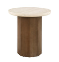 The Elodie End Table on a white background, showing the honed travertine top and faceted octagonal oak pedestal base.