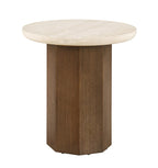 The Elodie End Table on a white background, showing the honed travertine top and faceted octagonal oak pedestal base.
