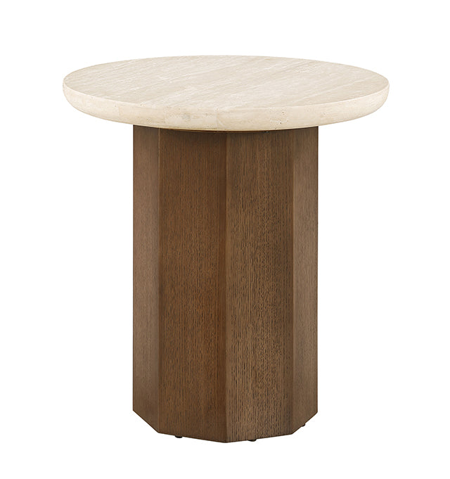 The Elodie End Table on a white background, showing the honed travertine top and faceted octagonal oak pedestal base.