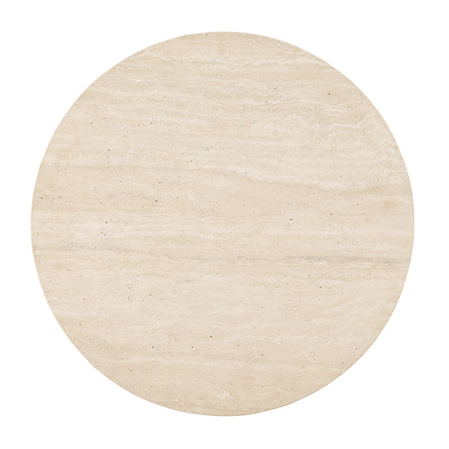Overhead view of the Elodie End Table's travertine top, showing natural veining and bullnose edge.