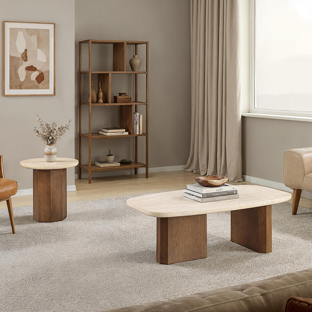 The Elodie End Table and matching Elodie Coffee Table together in a living room, showing the shared travertine and oak design.