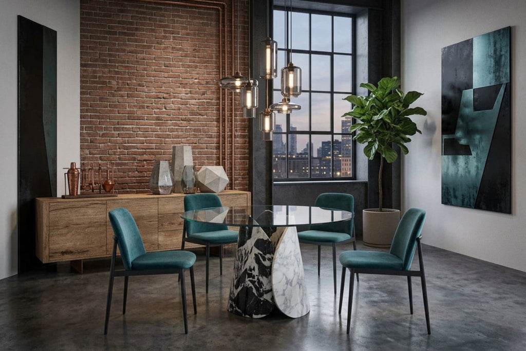 The Lotus Dining Table | Sculptural Marble & Black Glass