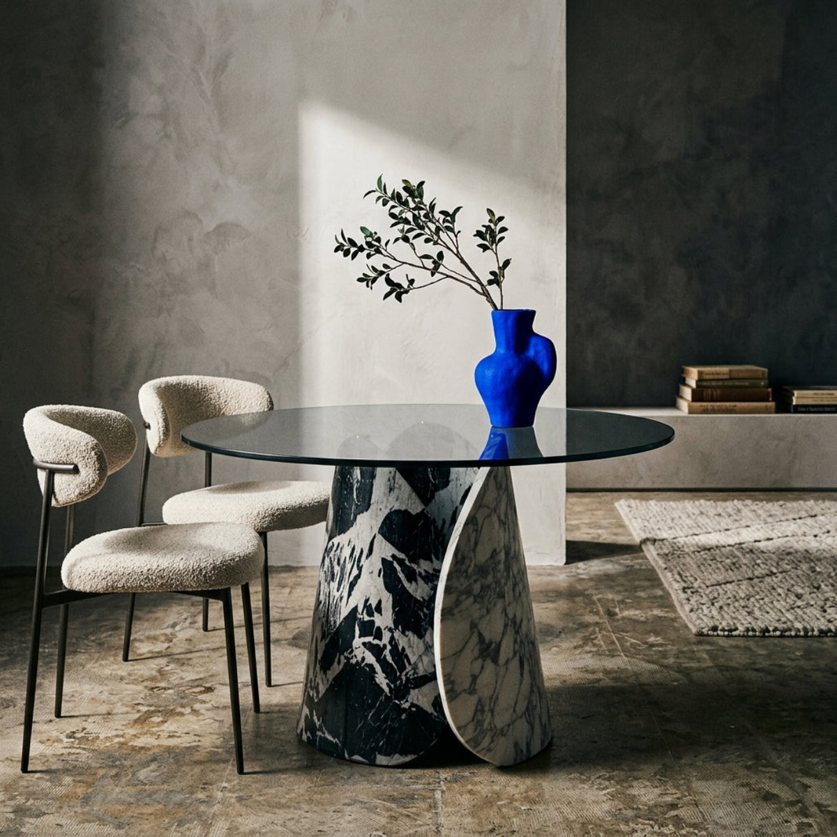 The Lotus Dining Table | Sculptural Marble & Black Glass