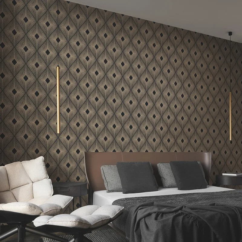 Harlowe black and gold geometric wallpaper featured in a styled dining room