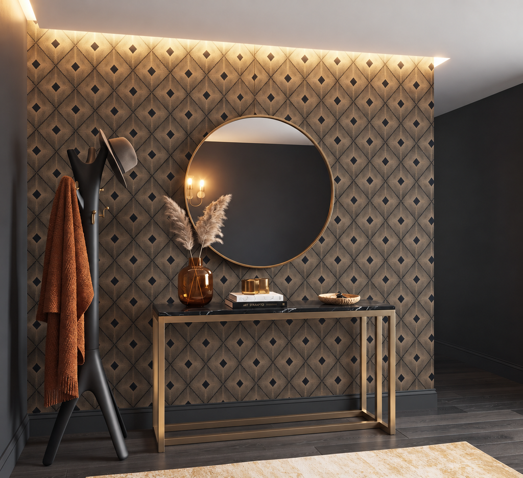 Harlowe wallpaper in a supplier interior photograph showing its black and gold geometry