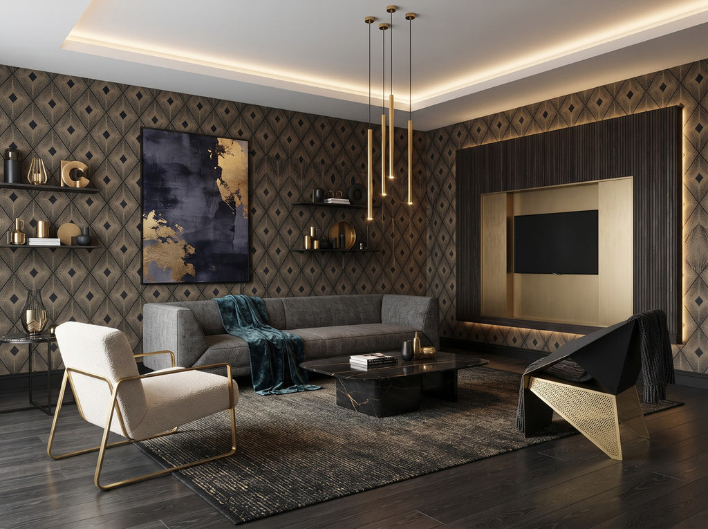 Harlowe Black & Gold wallpaper, repeating diamond pattern with fine radiating gold lines