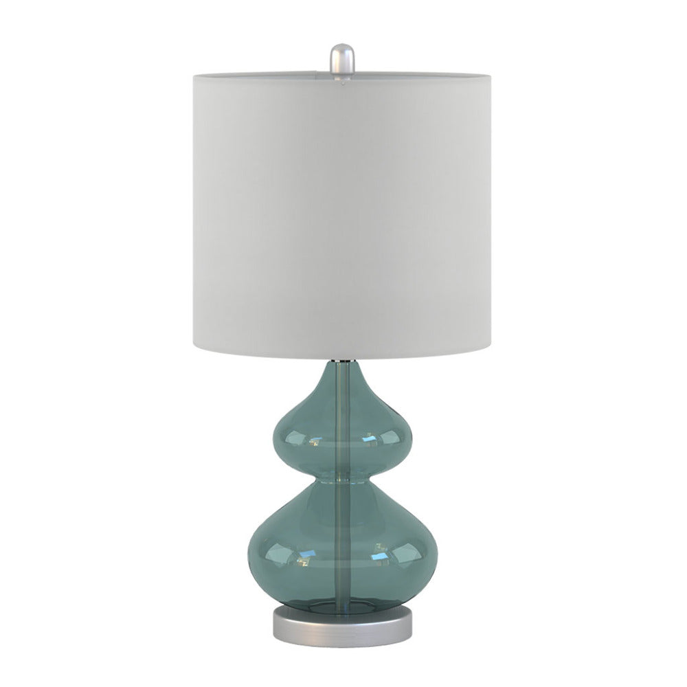Translucent blue glass double-gourd table lamp with white drum shade