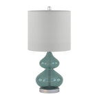 Translucent blue glass double-gourd table lamp with white drum shade