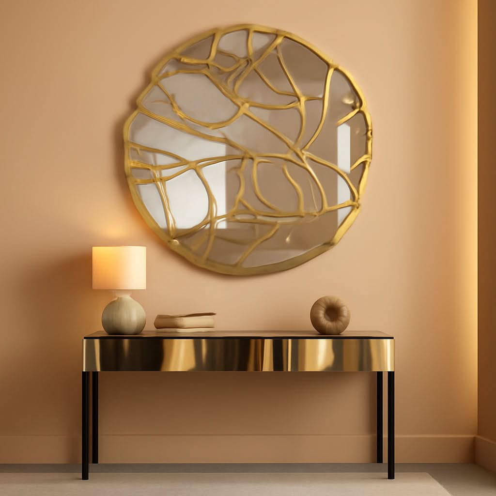 Round gold sculptural mirror with branching frame hung above a brass and black console table, styled with a ceramic lamp and decorative objects