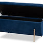 Lina Storage Bench with lid open on hinge-assisted arms, revealing the interior navy velvet storage compartment
