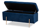 Lina Storage Bench with lid open on hinge-assisted arms, revealing the interior navy velvet storage compartment