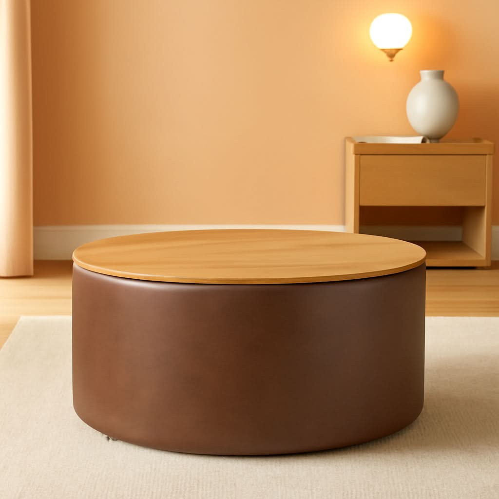 Low-angle profile view of the Element storage ottoman centered in a warm neutral living space, styled on a minimalist cream rug alongside a light wood nightstand and glowing globe lamp.