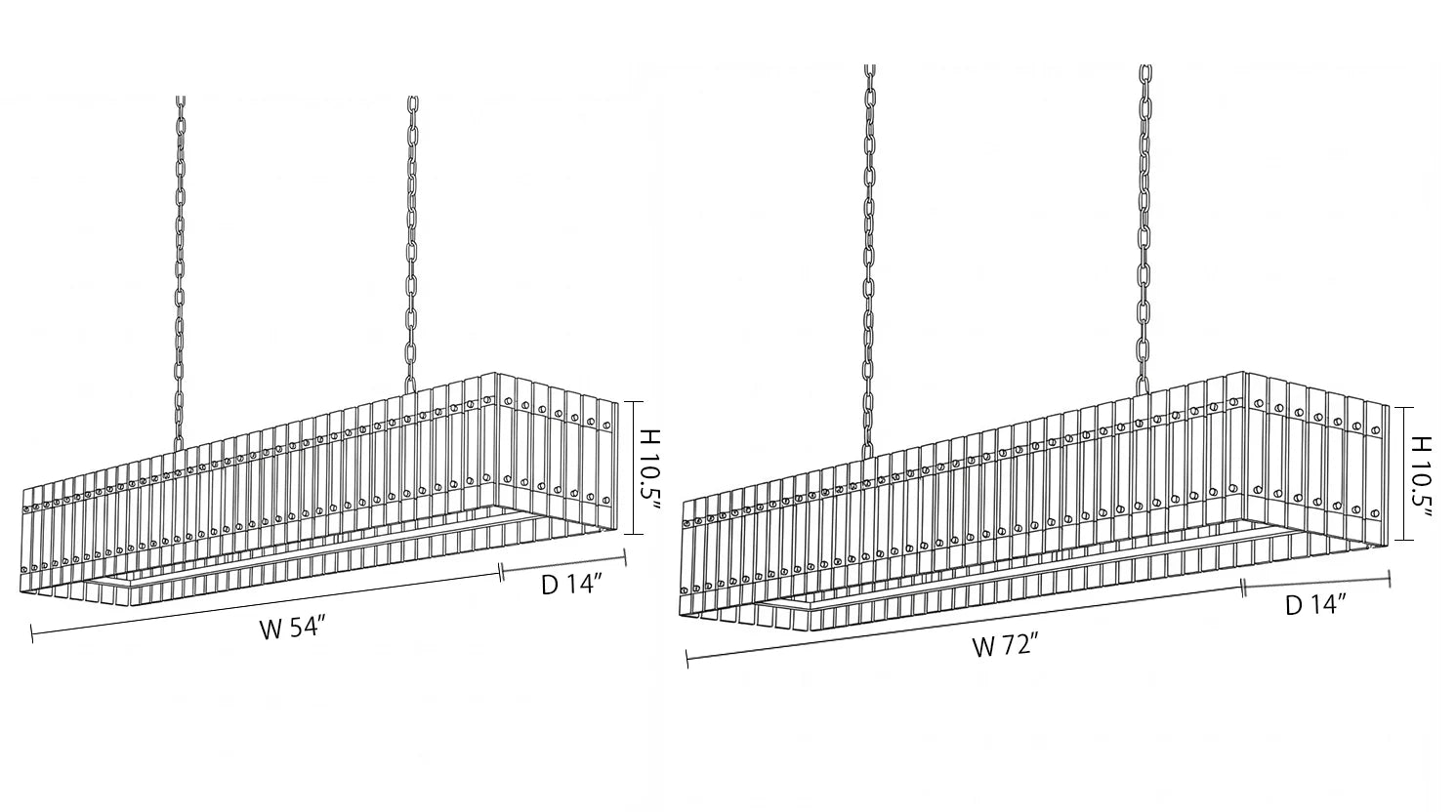 Line drawing of rectangular linear chandelier showing 54 inch width, 14 inch depth, and 10.5 inch height/ 72 inch wide, 14 inch depth, 10.5 inch height
