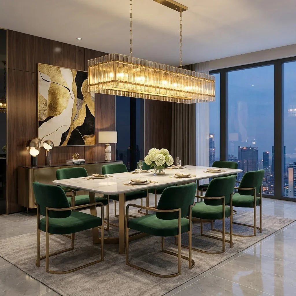 Gold linear glass rod chandelier illuminated above a marble dining table with green velvet chairs
