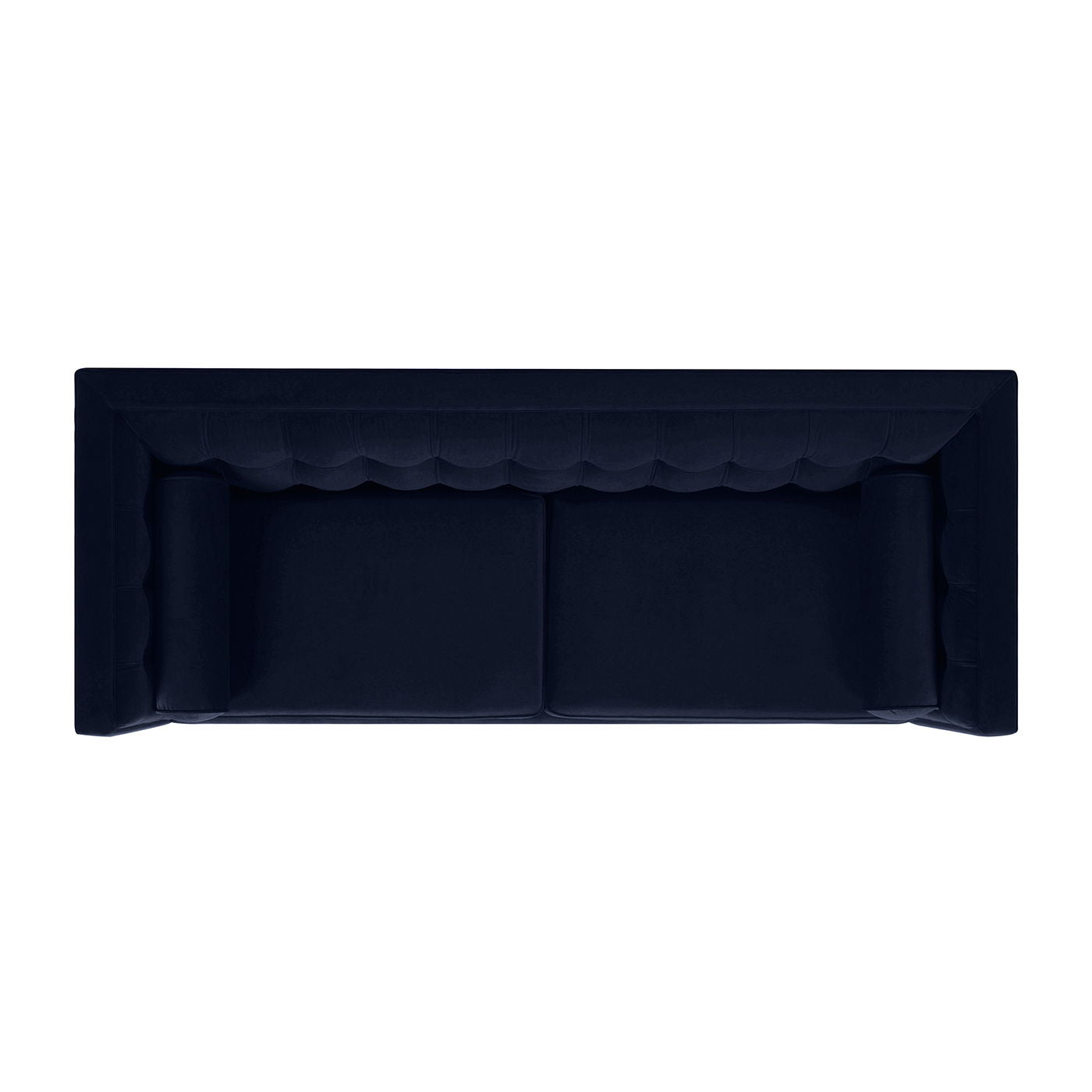 Luxury 84-inch sofa from the Cadence collection featuring a continuous tuxedo frame and shelter track arms in dark navy blue. Top View