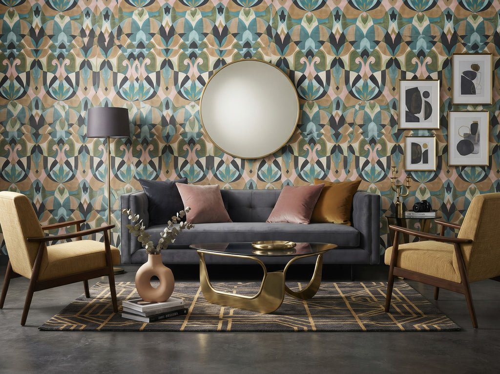 Malta Teal & Gold wallpaper, geometric stained-glass-inspired pattern sample
