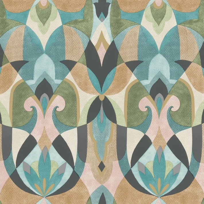 Malta Teal & Gold wallpaper displayed in a styled entryway