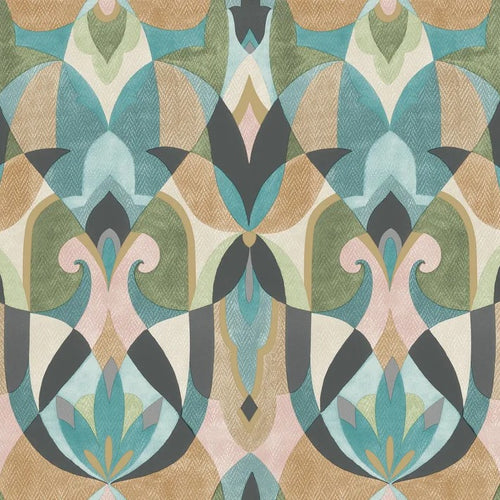 Malta Teal & Gold wallpaper displayed in a styled entryway