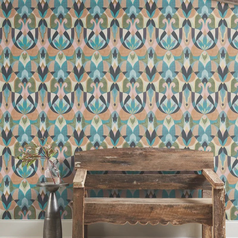 Malta Teal & Gold wallpaper featured in a coordinated bedroom interior