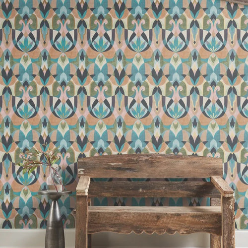 Malta Teal & Gold wallpaper featured in a coordinated bedroom interior