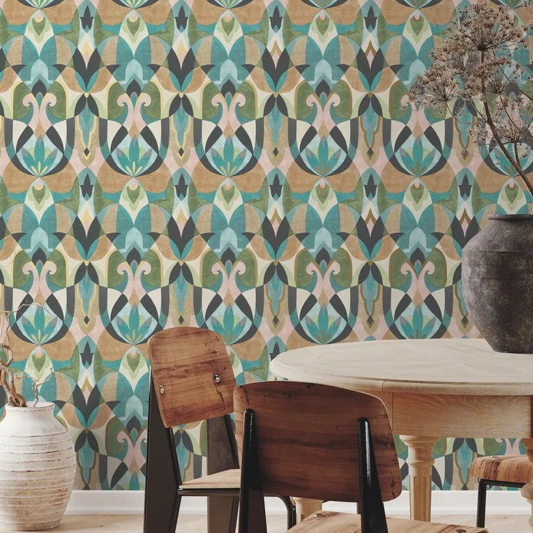 Malta Teal & Gold wallpaper shown in York Wallcoverings supplier interior