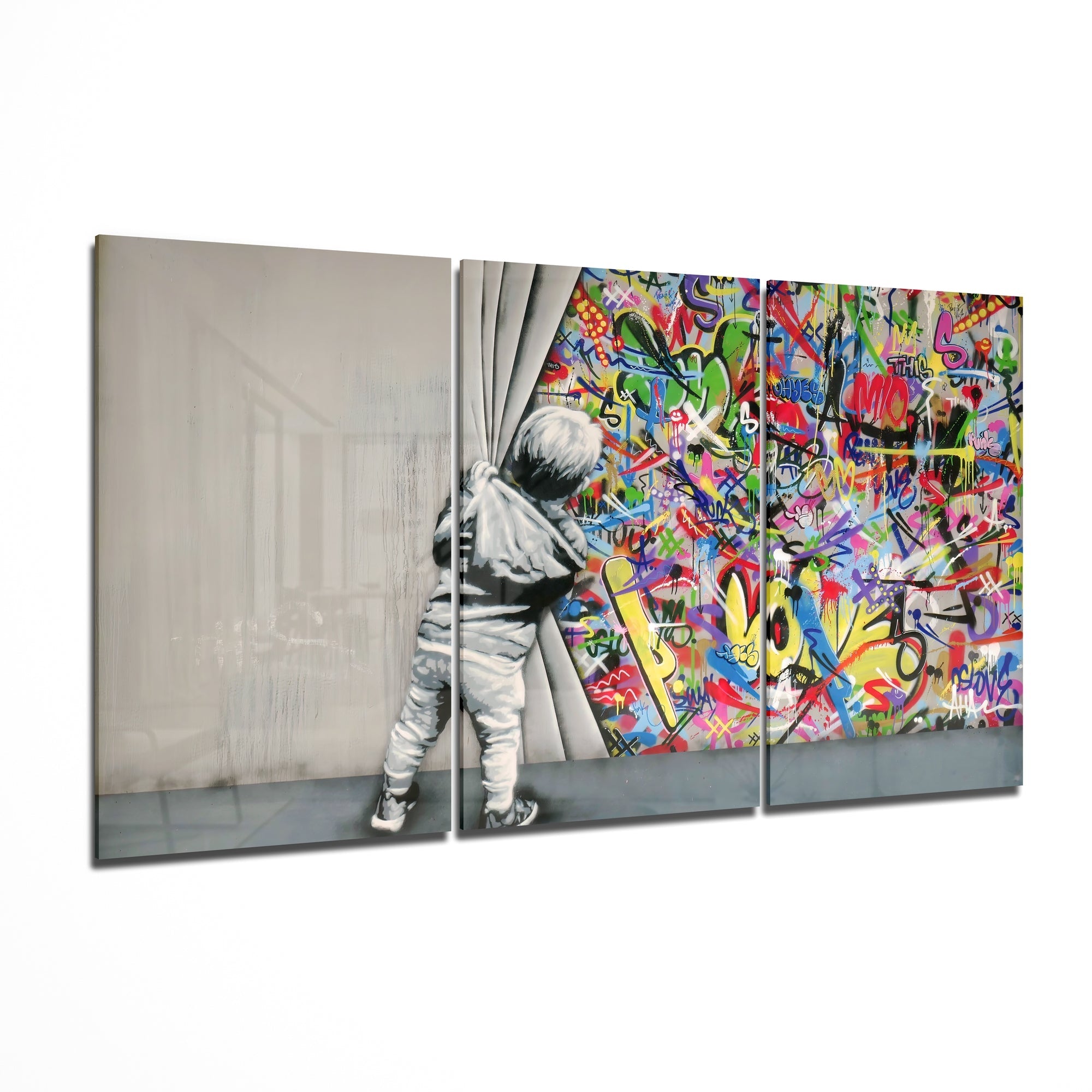 Three-panel tempered glass wall art of a boy revealing colorful graffiti