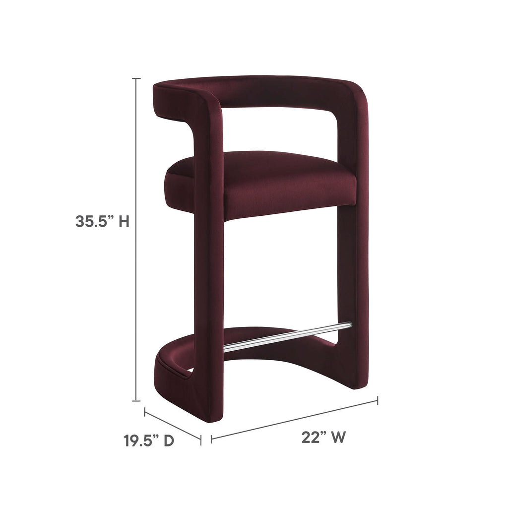 Dimension diagram of the Margot Counter Stool showing 22 inches wide, 35.5 inches high, 19.5 inches deep