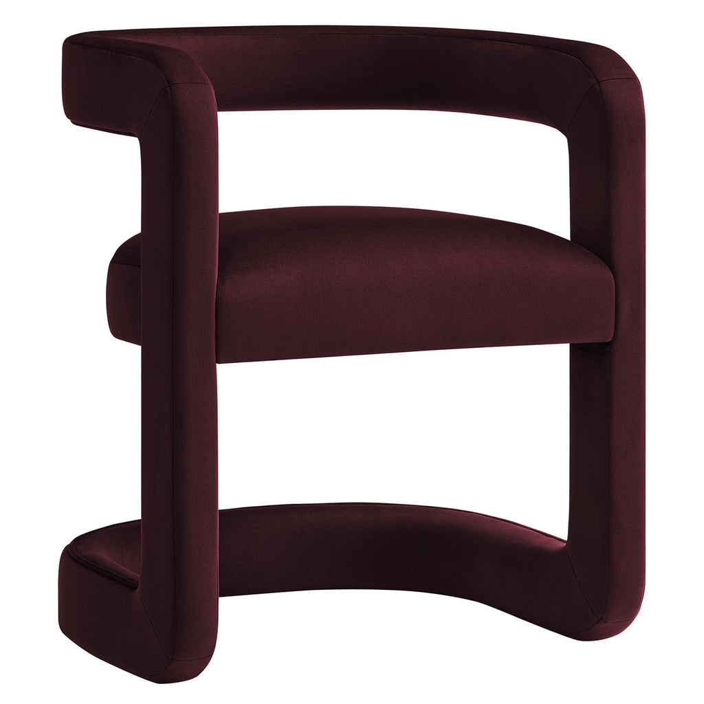 Aubergine velvet open-back dining chair with cantilevered frame, shown at a front angle