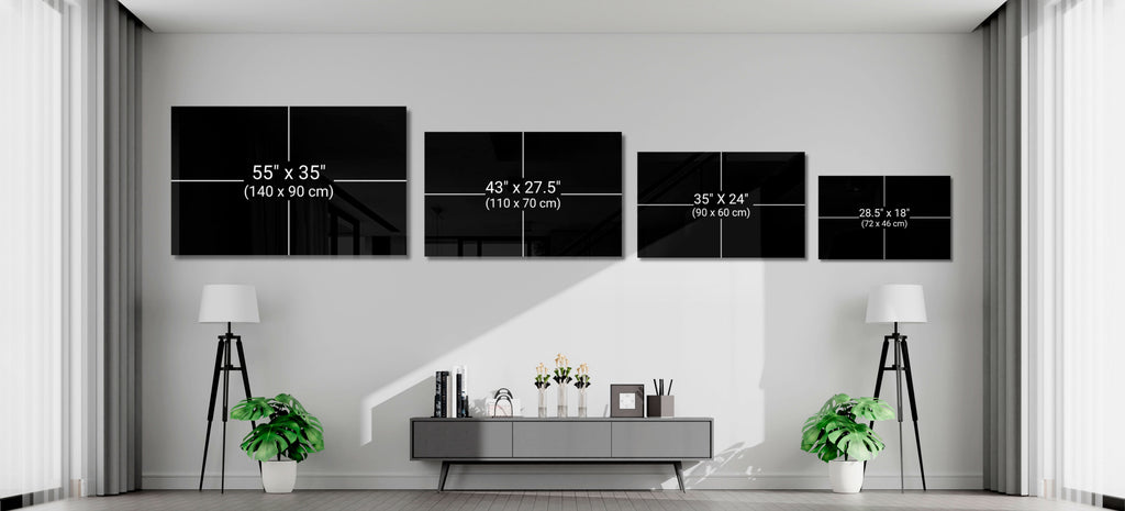 Size comparison chart showing multi-panel Marine Wall Art configurations from 18 to 55 inches wide