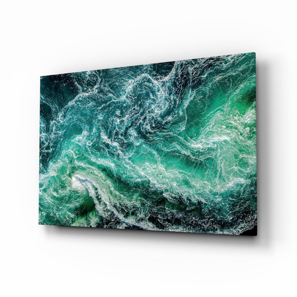 Emerald ocean wave print on a high-gloss acrylic panel, shown at a side angle