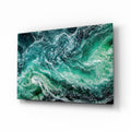 Emerald ocean wave print on a high-gloss acrylic panel, shown at a side angle