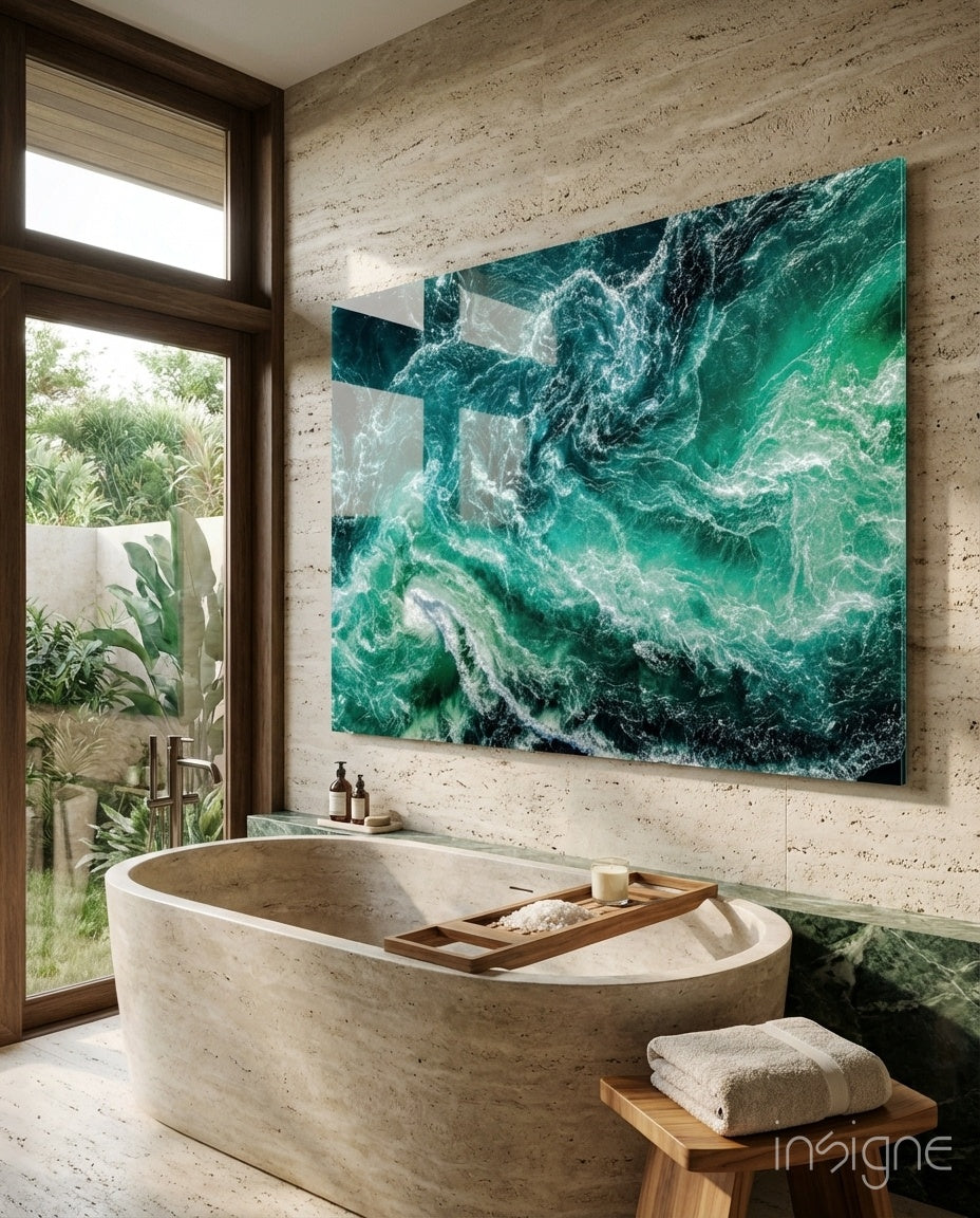 Styled Above Bathtub | Alt: Emerald wave wall art styled above a travertine soaking tub