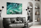 Emerald wave wall art styled above a leather sofa between built-in shelving