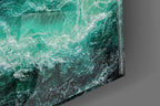 Close-up of the high-gloss acrylic surface and emerald wave detail on the Marine Wall Art