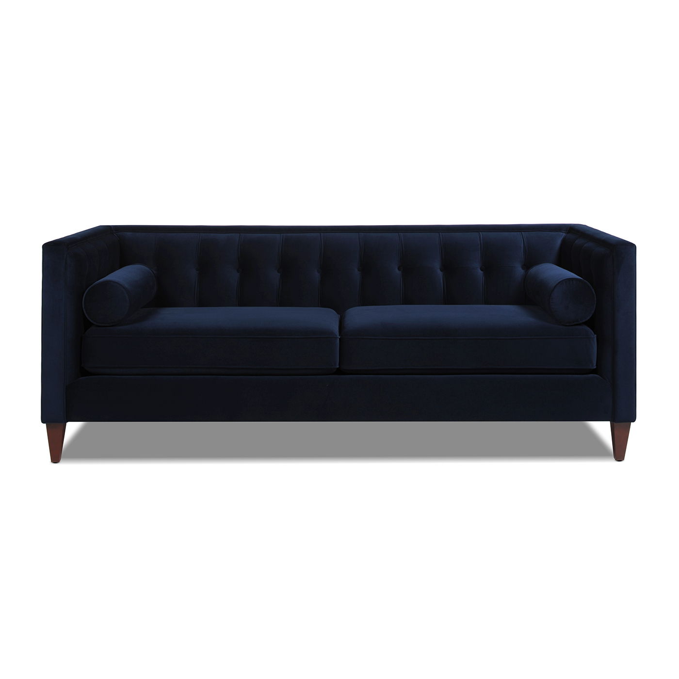 Minimalist 84-inch sofa from the Cadence collection featuring a crisp tuxedo silhouette and tapered accent legs in dark navy . Front facing on White background.