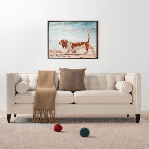 Minimalist 84-inch sofa from the Cadence collection featuring a crisp tuxedo silhouette and tapered accent legs in sky neutral beige. Shown straight on in a neutral living room.