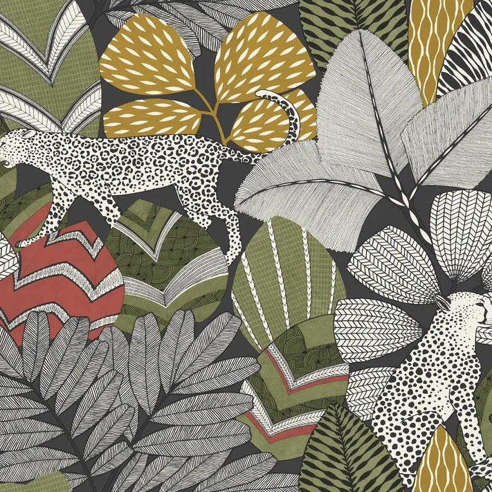 Namiri Black wallpaper, editorial interior photography highlighting illustrated wildlife and foliage