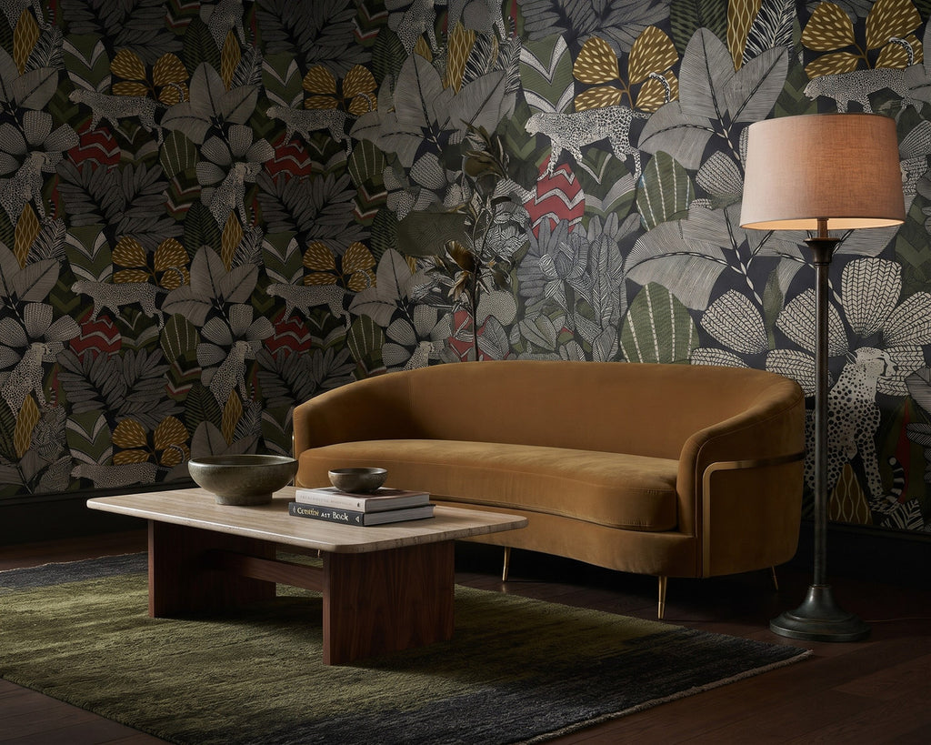 Namiri Wallpaper in Black, stylized spotted wildcats among tropical leaves, pattern view