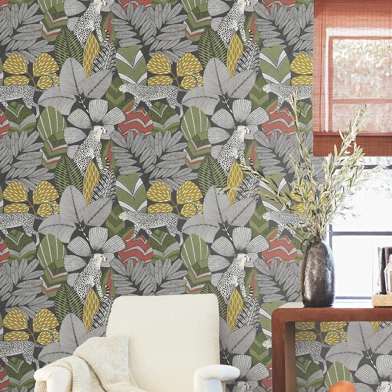 Namiri Black wallpaper, close-up of illustrated wildcats and detailed botanical foliage