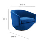 Dimension diagram of the Noelle Swivel Chair showing 30.5 inches wide, 28 inches high, 30.5 inches deep