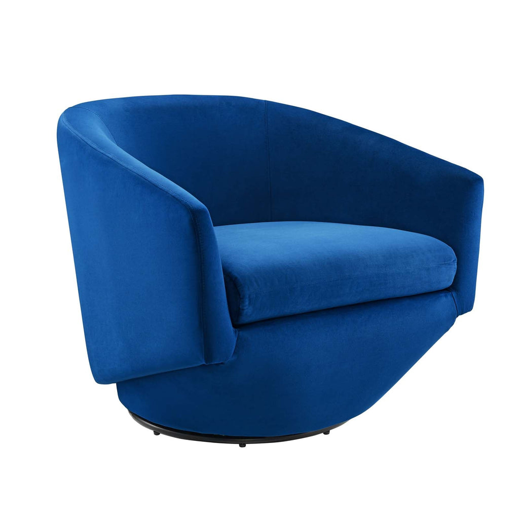 Navy velvet swivel accent chair with matte black iron base, shown at a front angle