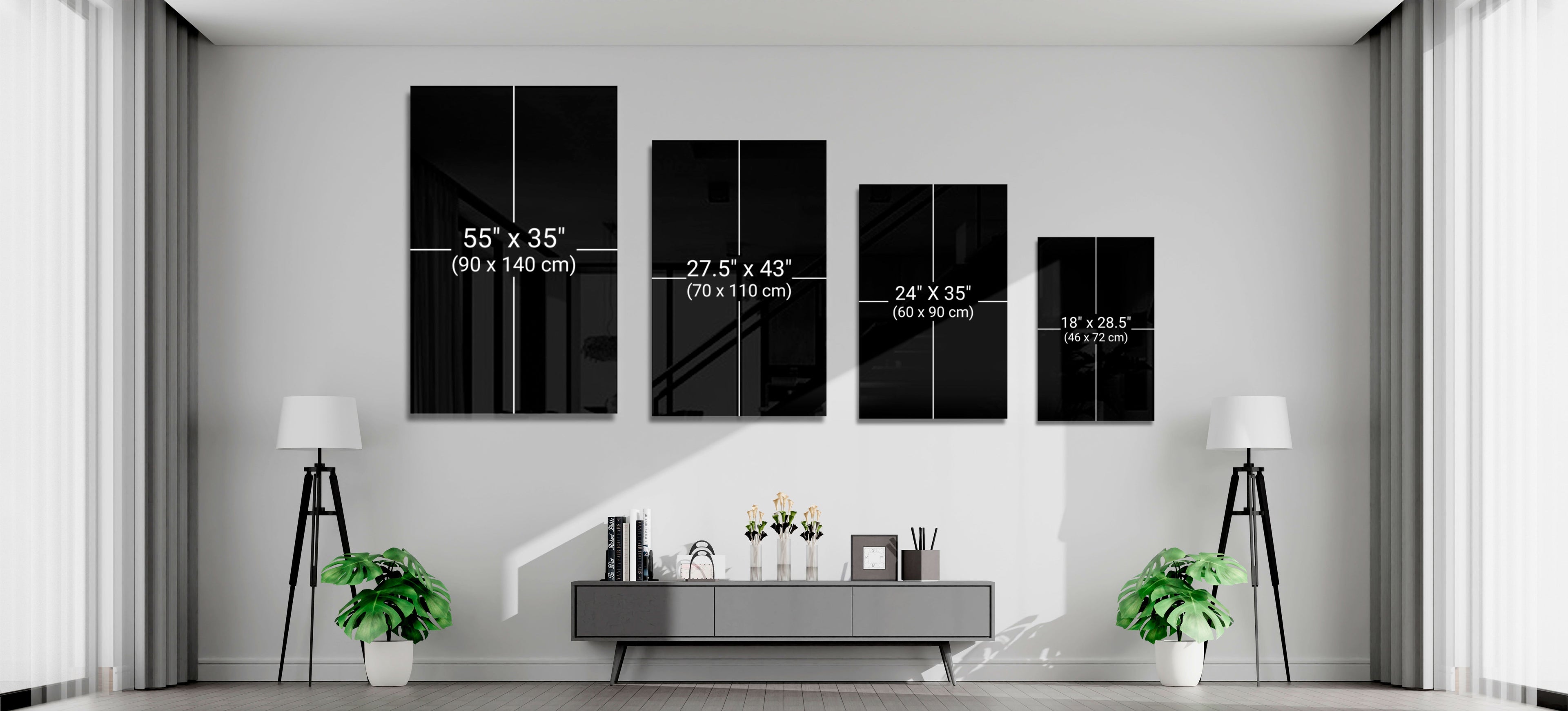 Size comparison chart showing four vertical wall art dimensions from 18x28.5 to 35x55 inches