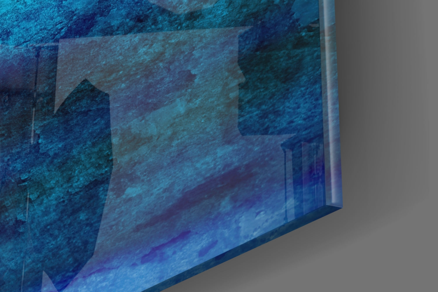 Close-up corner detail of horizontal tempered glass wall art showing textured brushwork and glossy edge