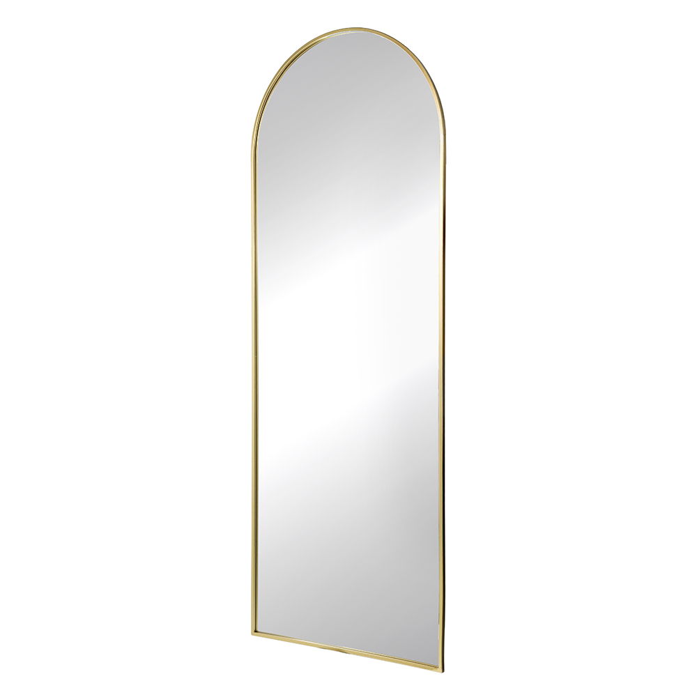 Full-length arched floor mirror with a thin brushed gold frame, angled product view