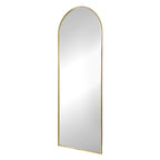 Full-length arched floor mirror with a thin brushed gold frame, angled product view