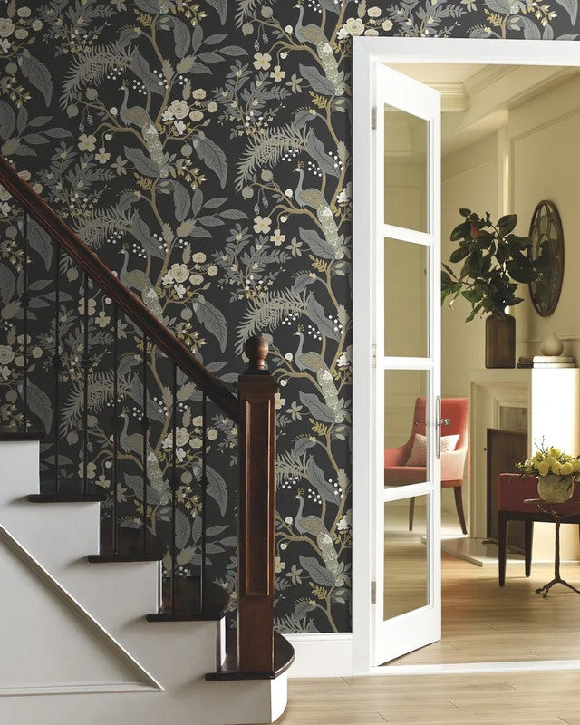 Peacock Wallpaper in Blush, supplier room view