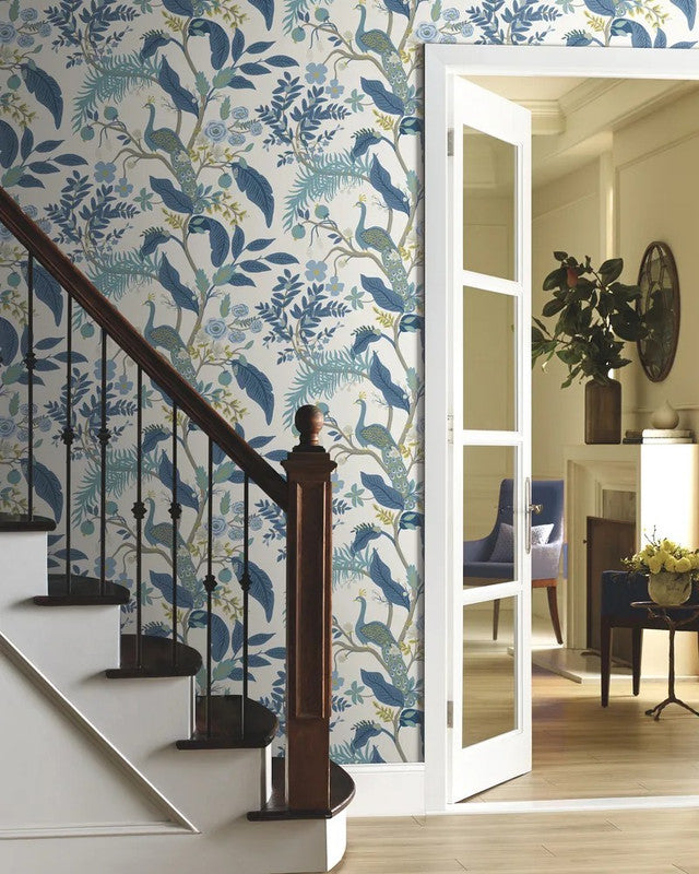Peacock Wallpaper in Navy, supplier room view