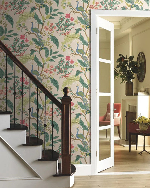 Peacock Emerald wallpaper in an editorial product showcase